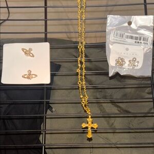 SHEIN Gold Cross Earrings and Golden necklace great combination